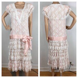 Vintage Jessica McClintock Lace Satin Dress Tea Party Flapper Lawn Midi Tiered